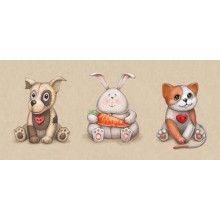 Іграшкове тріо: плямисті собака, котик та зайчик зі морквиною по центру