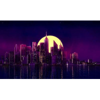 Круг желтой луны восходит над фиолетовыми небоскребами