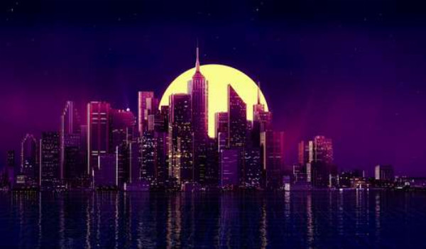 Круг желтой луны восходит над фиолетовыми небоскребами