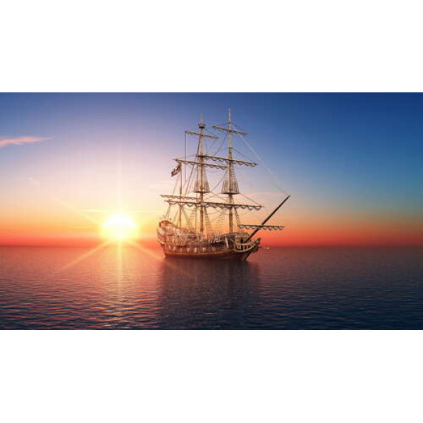 Прозорі візерунки щогол парусного корабля освітлені ранковим сонцем