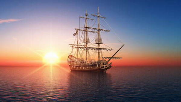 Прозрачные узоры мачт парусного корабля освещены утренним солнцем