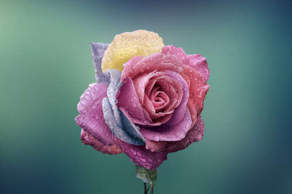 Орошений краплями дощу, кольоровий бутон троянди 