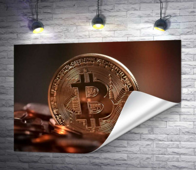 Светящаяся поверхность узоров на монете биткоина