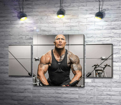 Модульная картина "Дуэйн Джонсон (Dwayne Johnson) тренирует мышцы рук в спортзале"