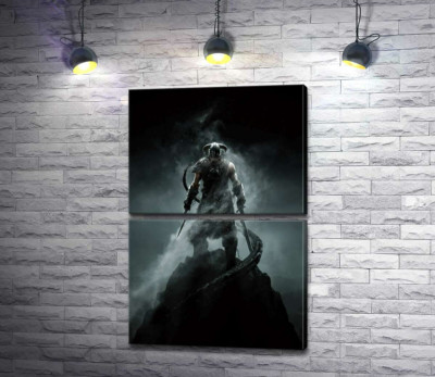 Модульная картина "Мечи в руках грозного викинга на постере к игре "The Elder Scrolls V: Skyrim""