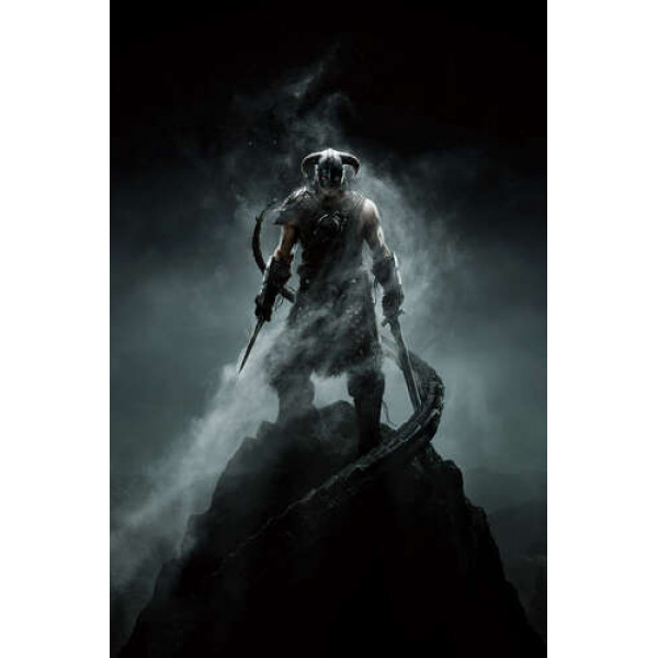 Мечі в руках грізного вікінга на постері до гри "The Elder Scrolls V: Skyrim"