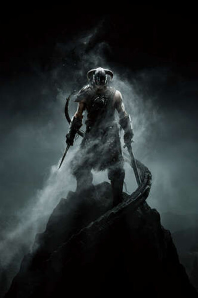 Мечи в руках грозного викинга на постере к игре "The Elder Scrolls V: Skyrim"