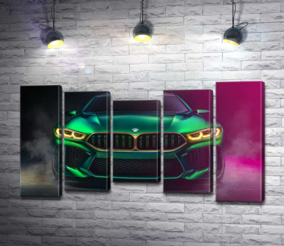 Модульная картина "Агрессивная мордашка кислотно-зеленой BMW"