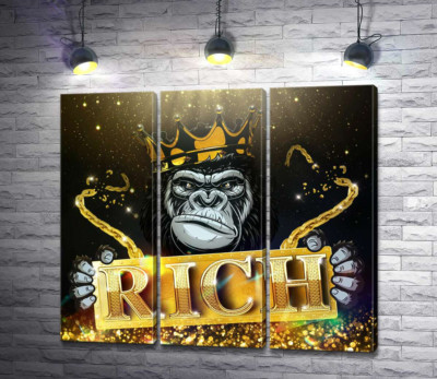 Модульная картина "Горилла Rich в короне и золоте"