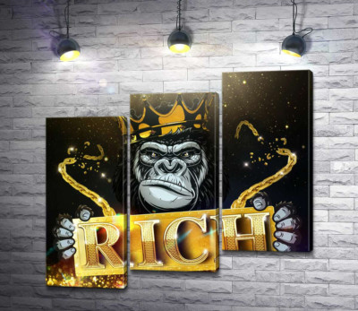 Модульна картина "Горила Rich у короні та золоті"