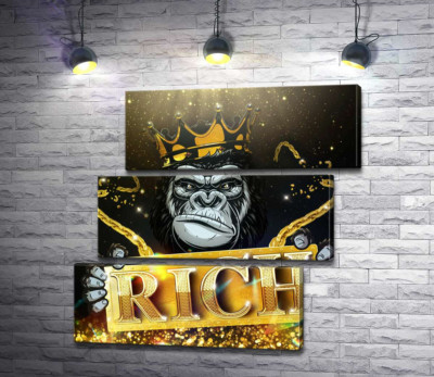 Модульная картина "Горилла Rich в короне и золоте"