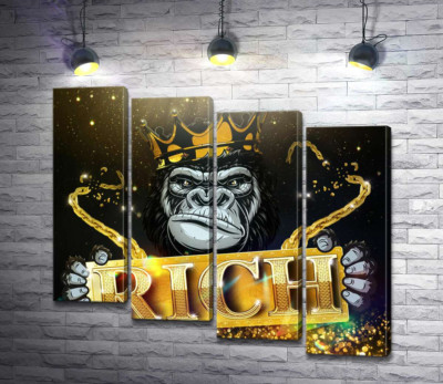 Модульная картина "Горилла Rich в короне и золоте"