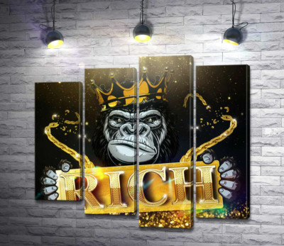 Модульная картина "Горилла Rich в короне и золоте"