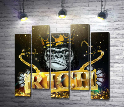 Модульна картина "Горила Rich у короні та золоті"