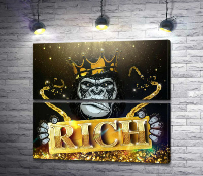 Модульная картина "Горилла Rich в короне и золоте"