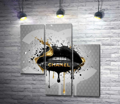 Модульная картина "Черно-золотистые гламурные губы Chanel"