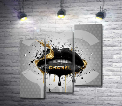 Модульная картина "Черно-золотистые гламурные губы Chanel"