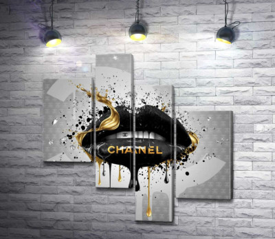 Модульная картина "Черно-золотистые гламурные губы Chanel"