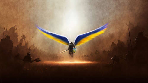 Рыцарь ангел-хранитель с украинской символикой против орды