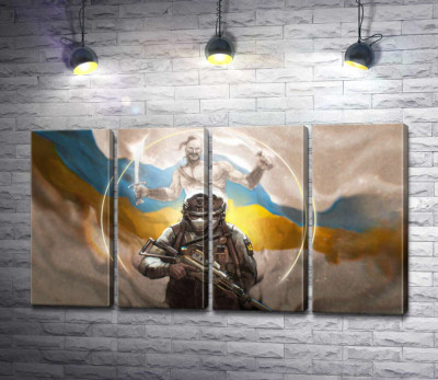 Модульная картина "Воин и казак на фоне флага Украины"