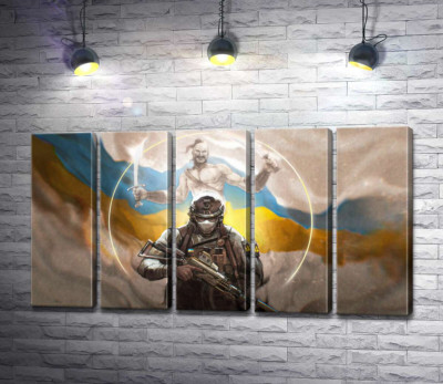Модульная картина "Воин и казак на фоне флага Украины"