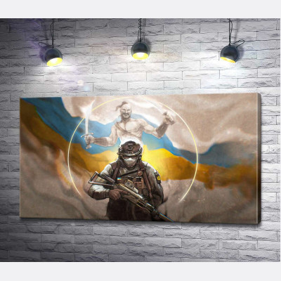 Воин и казак на фоне флага Украины