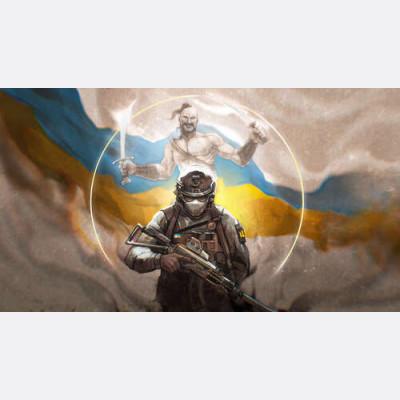 Воин и казак на фоне флага Украины