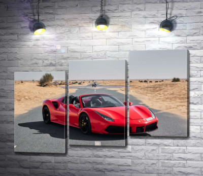 Модульна картина "Червоний автомобіль Ferrari 488 Spider на пустельній дорозі"