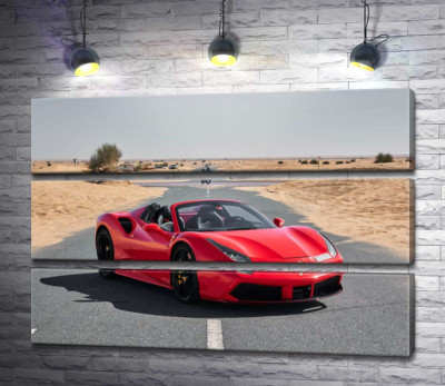 Модульна картина "Червоний автомобіль Ferrari 488 Spider на пустельній дорозі"