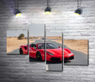 Модульна картина "Червоний автомобіль Ferrari 488 Spider на пустельній дорозі"