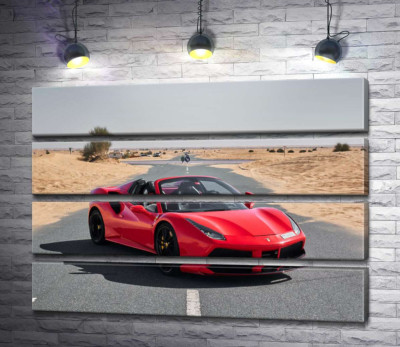 Модульна картина "Червоний автомобіль Ferrari 488 Spider на пустельній дорозі"