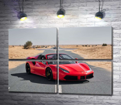 Модульная картина "Красный автомобиль Ferrari 488 Spider на пустынной дороге"