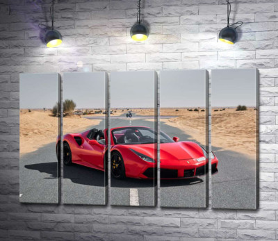 Модульна картина "Червоний автомобіль Ferrari 488 Spider на пустельній дорозі"