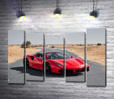 Модульная картина "Красный автомобиль Ferrari 488 Spider на пустынной дороге"