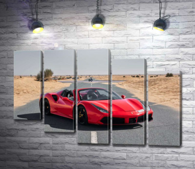 Модульна картина "Червоний автомобіль Ferrari 488 Spider на пустельній дорозі"