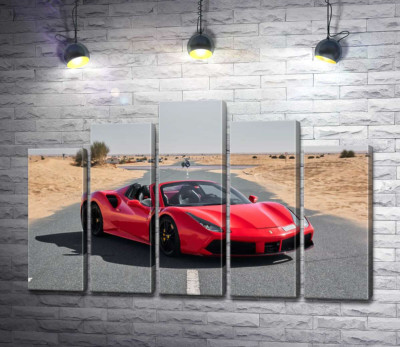 Модульна картина "Червоний автомобіль Ferrari 488 Spider на пустельній дорозі"