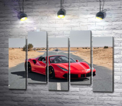 Модульная картина "Красный автомобиль Ferrari 488 Spider на пустынной дороге"