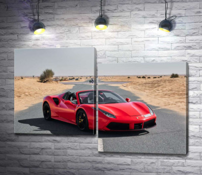Модульна картина "Червоний автомобіль Ferrari 488 Spider на пустельній дорозі"