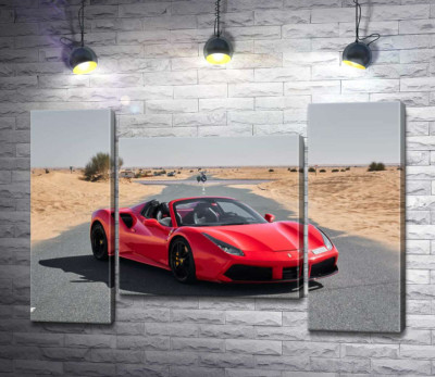 Модульна картина "Червоний автомобіль Ferrari 488 Spider на пустельній дорозі"