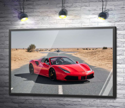 Постер "Красный автомобиль Ferrari 488 Spider на пустынной дороге"