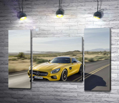 Модульная картина "Золотой автомобиль Mercedes AMG GT мчит по трассе"