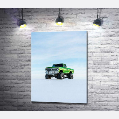Зелений пікап Ford F-Series Monster Truck посеред снігу