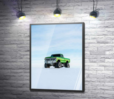 Постер "Зелёный пикап Ford F-Series Monster Truck посреди снега"