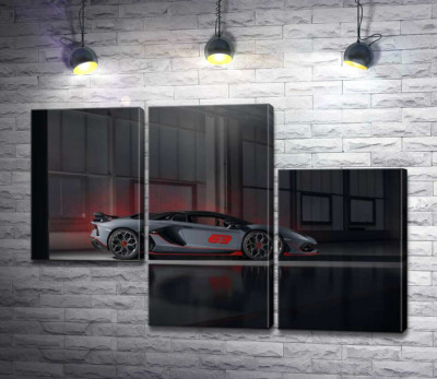 Модульная картина "Серебристый автомобиль Lamborghini Aventador S 2018 в ангаре"