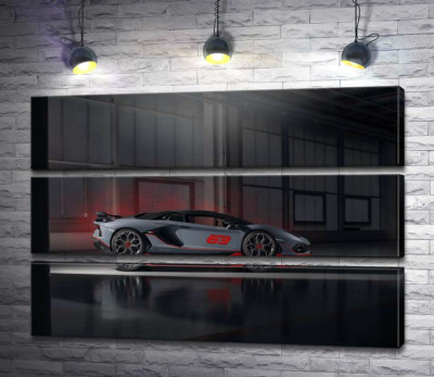 Модульная картина "Серебристый автомобиль Lamborghini Aventador S 2018 в ангаре"