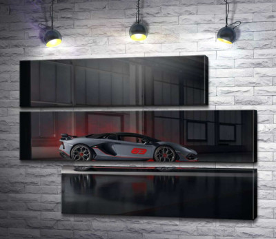 Модульная картина "Серебристый автомобиль Lamborghini Aventador S 2018 в ангаре"