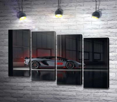 Модульная картина "Серебристый автомобиль Lamborghini Aventador S 2018 в ангаре"
