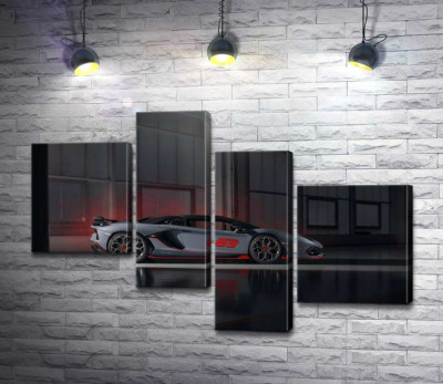 Модульная картина "Серебристый автомобиль Lamborghini Aventador S 2018 в ангаре"