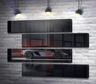 Модульная картина "Серебристый автомобиль Lamborghini Aventador S 2018 в ангаре"