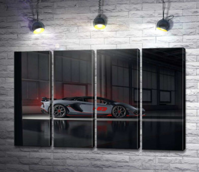 Модульна картина "Сріблястий автомобіль Lamborghini Aventador S 2018 в ангарі"
